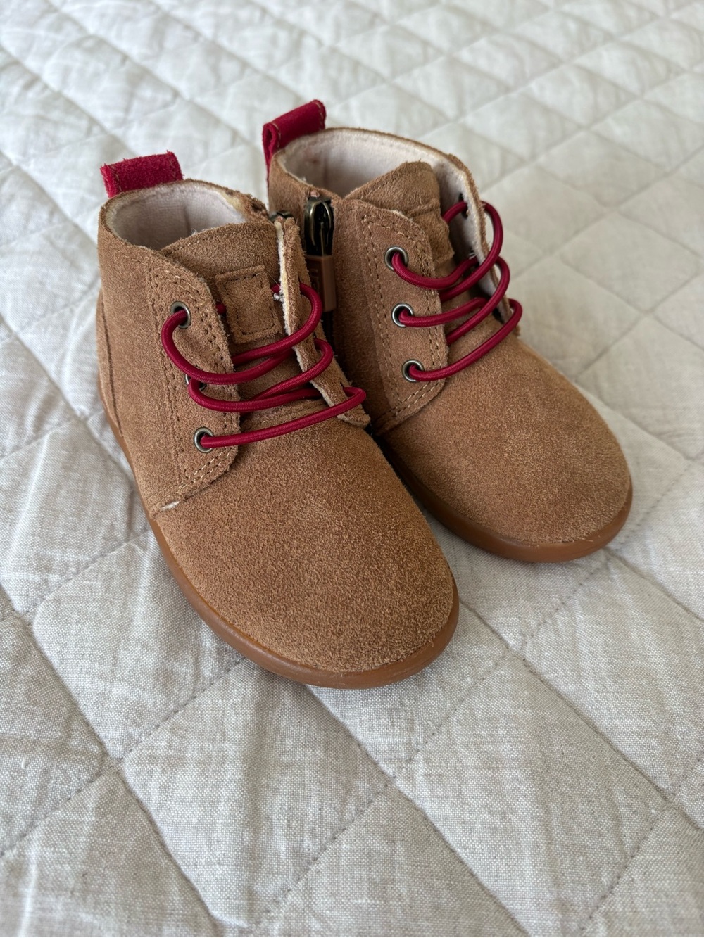 UGG Kids Tan Suede Ankle Boots with Red Laces